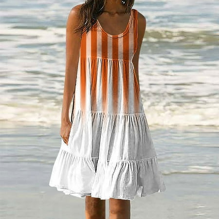 Ftwytp Women s Fashionable Summer Printed Loose Rice Wrinkled Sleeveless Round Neck Dress Women Long Sleeve Boho Summer Dresses Bustier Lingerie Corset Top Steampunk Skirt Orange