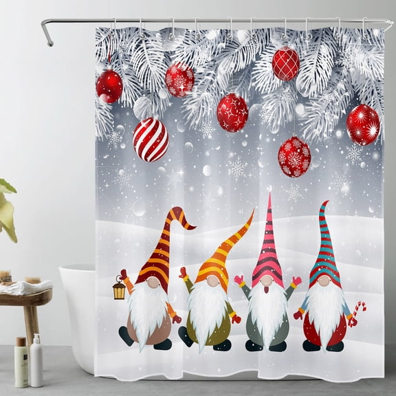 Funny Gnome Christmas Shower Curtain for Kids Bathroom, Winter Snow Scene Snowflake Fabric Shower Curtain with Hooks, Snow Pine Tree Branches With Red Xmas Ball Bath Curtain Bathroom Decor 60x72 inch