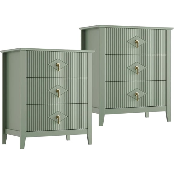 2Pcs Fluted Nightstand, 27.5" Wide Bedside Table with 3 Large Storage Drawers, Modern Night Stand with Metal Handle, Wooden End Table for Bedroom, Living Rooms, Hallway, Entryways, Closet, Green