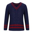 thumbnail image 3 of ZCFZJW Men's Casual V Neck Contrast Stripes Cable Knit Pullover Sweater Tops Trendy Fall Winter Long Sleeve Graphic Jumper Tops Dark Blue XL, 3 of 5