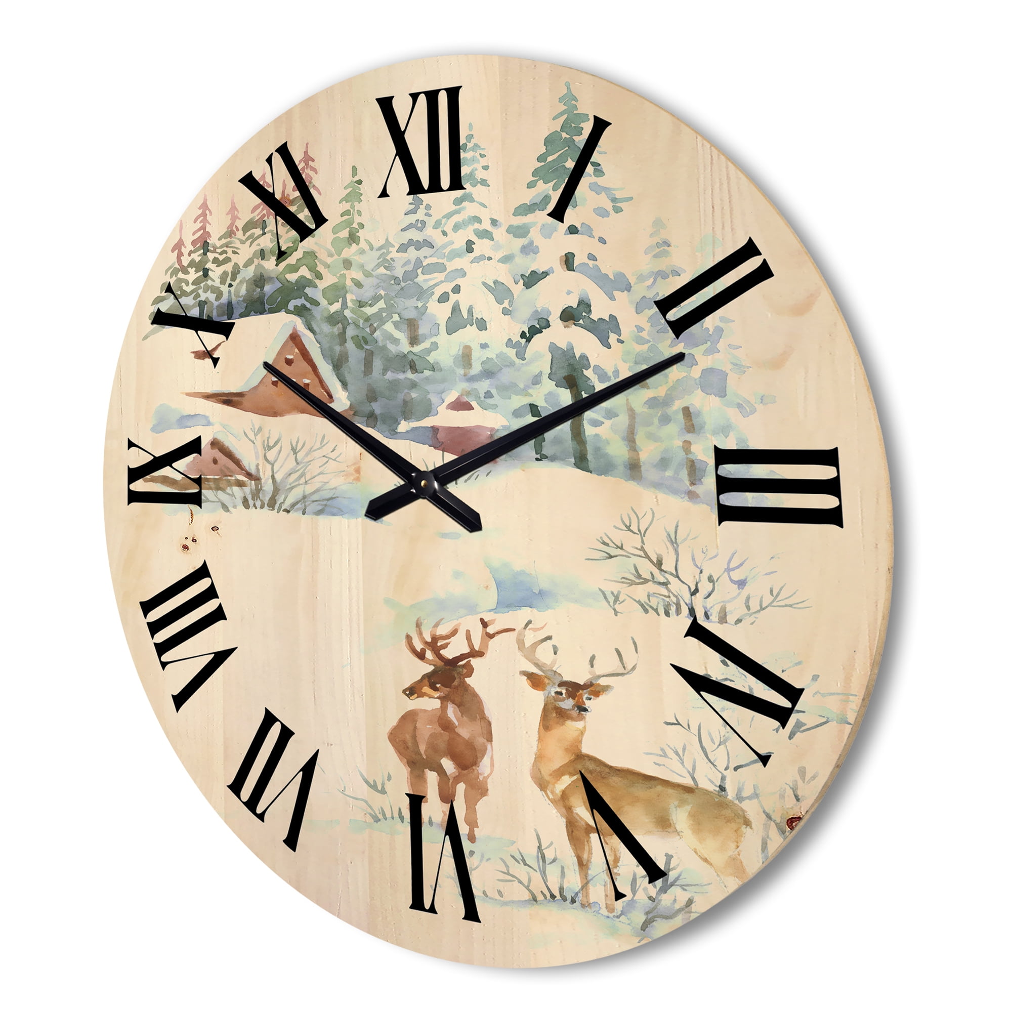 Designart 'Two Deers With Winter Cottage' Farmhouse Wood Wall Clock