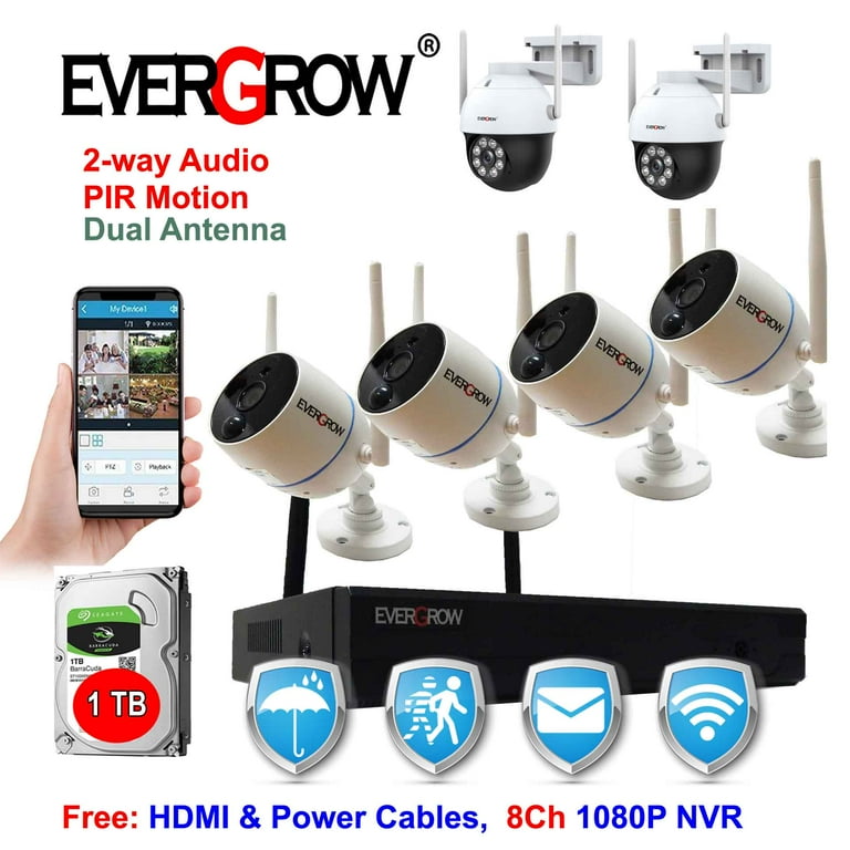 EverGrow 10 Channels 3MP Wireless Security Camera System, with 4 Bullet + 2  Dome 1296P Cameras and 1TB Hard Drive, Wireless Security System for Indoor 