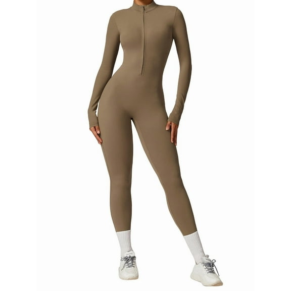 Women Long Sleeve Workout Jumpsuit Zip Up Romper Bottom Pants Bodysuit Bodycon Camel Brown S