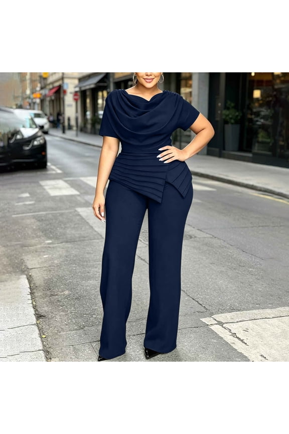 Two Piece Plus Size Sets for Women High Neck Layered Waist Top Wide Leg Pants Elegant Casual Summer Outfits