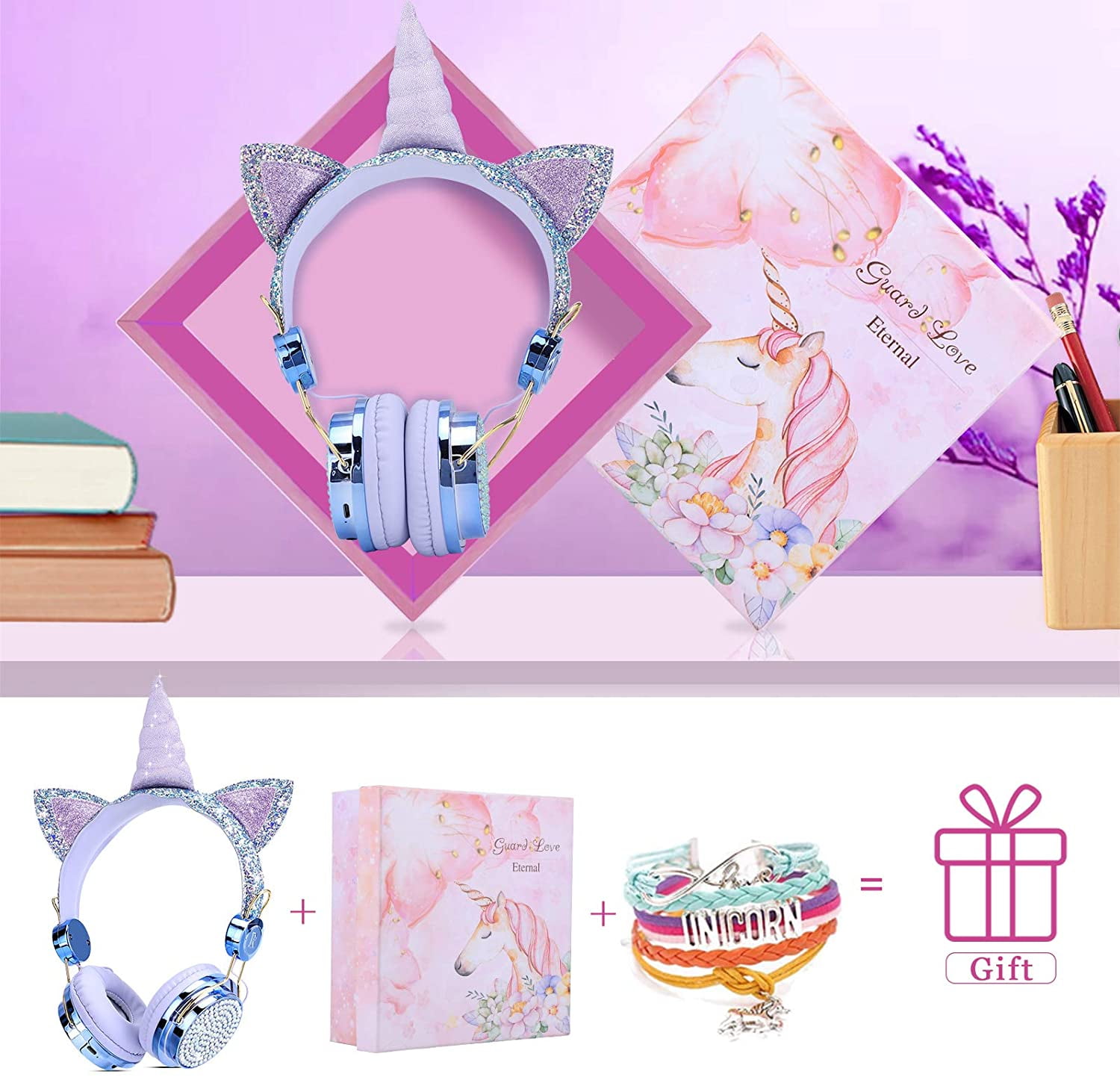 Qearfun Kids Headphones, Wireless Headphones for Toddler Unicorn Cat Ear Headphones for Boy Bluetooth Headphones with Mic Adjustable Headband, over on Ear Headset for Smartphones/School/Tablet/PC