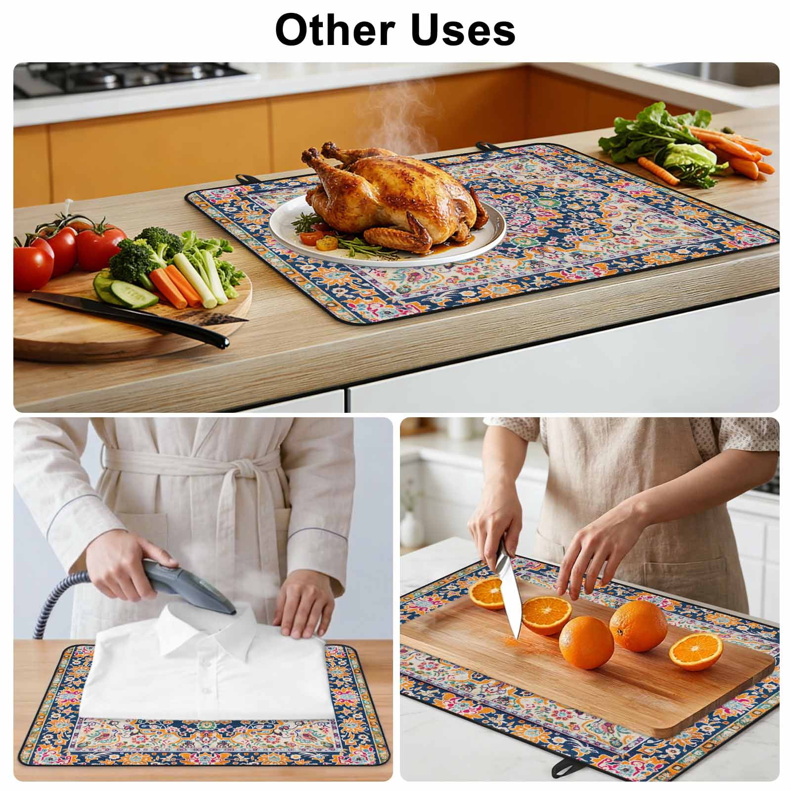 Boho Blue Yellow Stove Top Cover for Electric Stove, Heat-proof & Non Slip Glass Top Stove Cover Protector, Ethnic Vintage Mexican Flowers Southwestern Kitchen Flat Cooktop Rubber Mat 24x21 Inches