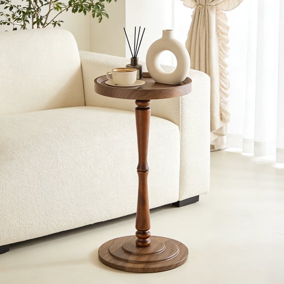 Yabanana Round Wooden Side Table & Drink Table for Small Space, with Rubberwood Accent Leg, for Living Room, Corner, Bedroom (Walnut,11.8in)