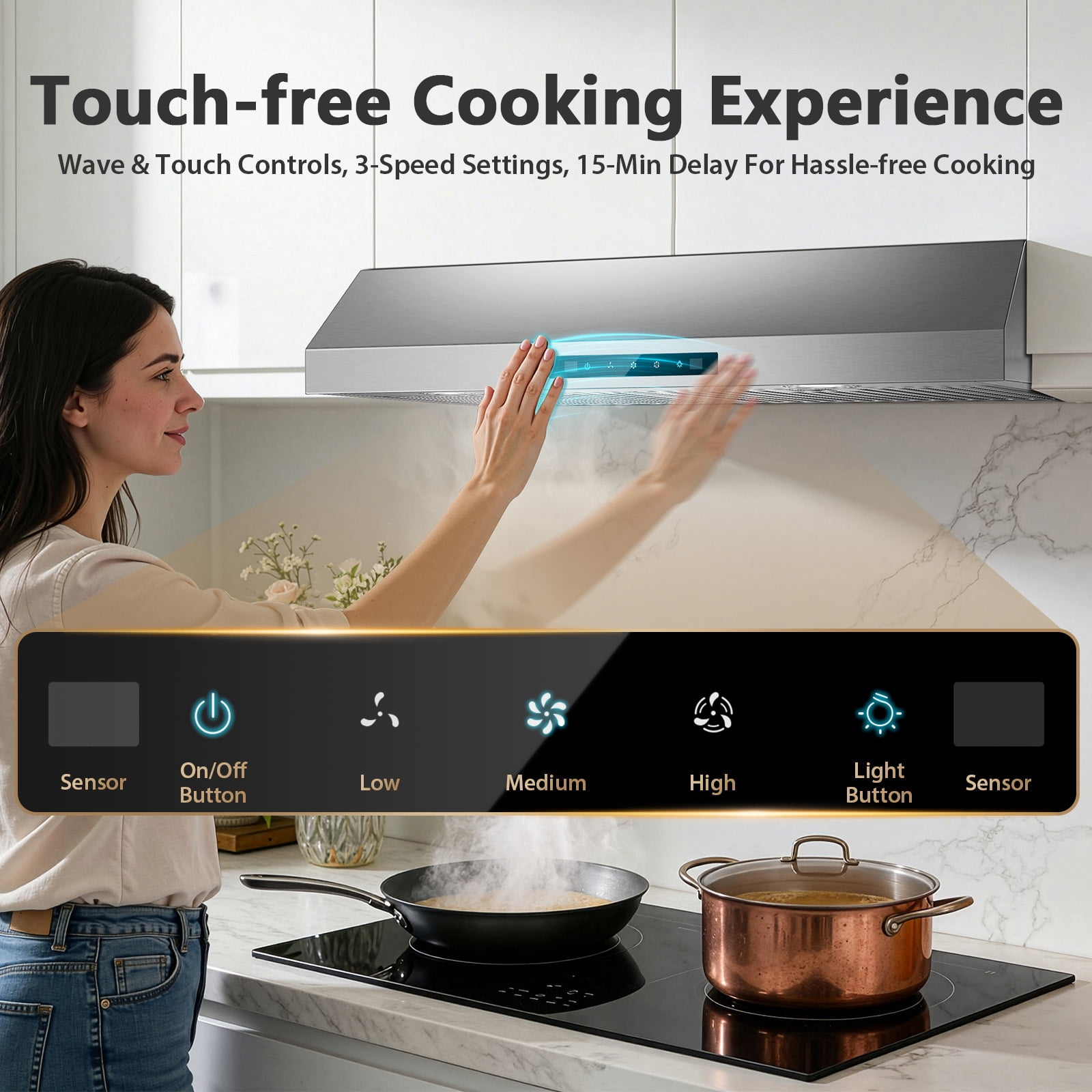 Zomagas 30" Stainless Steel Under Cabinet Range Hood: 800 CFM, Gesture & Touch, Ducted/Ductless