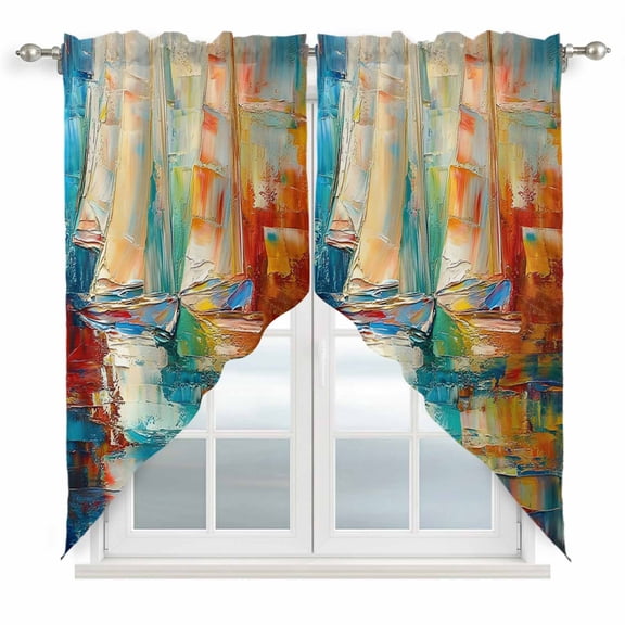 Nautical Boat Kitchen Window Curtains, Swag Curtains Valance for Bedroom Living Room Bathroom, Colorful Abstract Grunge Art Painting Rod Pocket Window Treatment Curtain Block Drapes 2 Panels 36"x45"