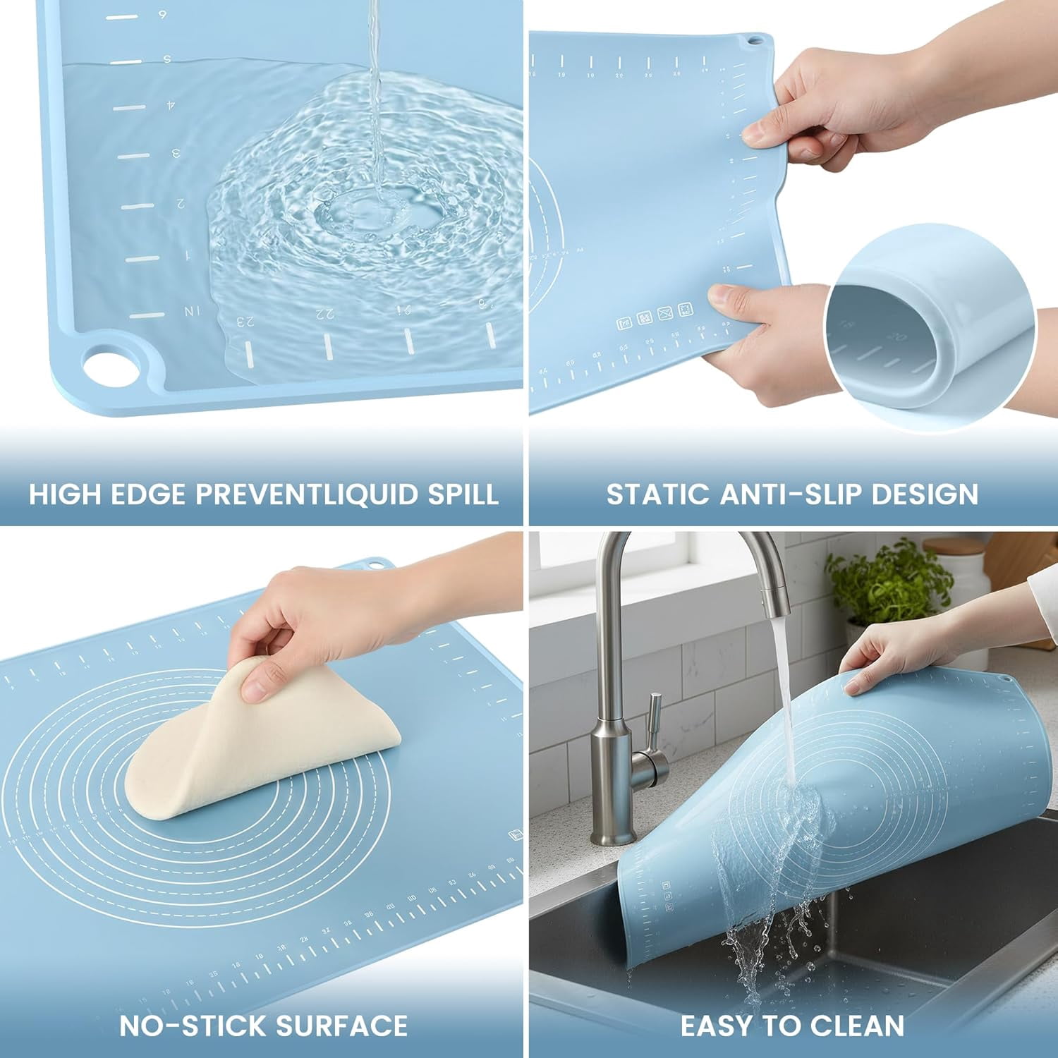 Silicone Baking Mat | Extra Thick Dough Rolling Mat with Measurements and Edge Heightening | Non-Stick Food Grade Pastry Mat for Pastry, Bread, Cookies, Pizza, Fondant & Pasta