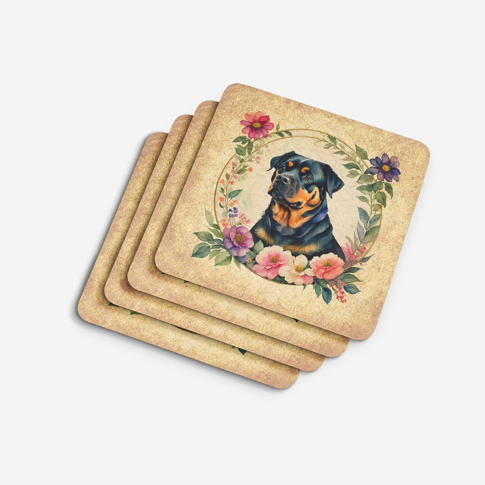 Rottweiler and Flowers Foam Coaster Set of 4 3.5 in x 3.5 in