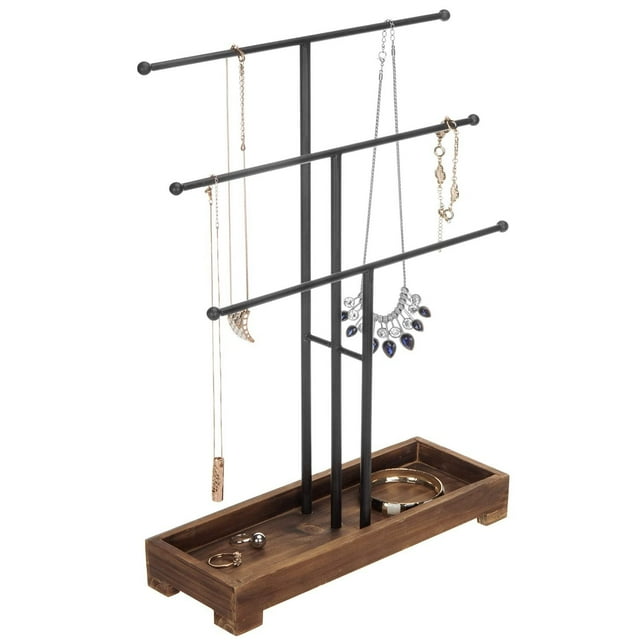 Soporte organizador de joyas tiene 3 niveles con barra en forma de T para exhibir collares y pulseras, incluye una bandeja, para anillos, en color madera color marrón