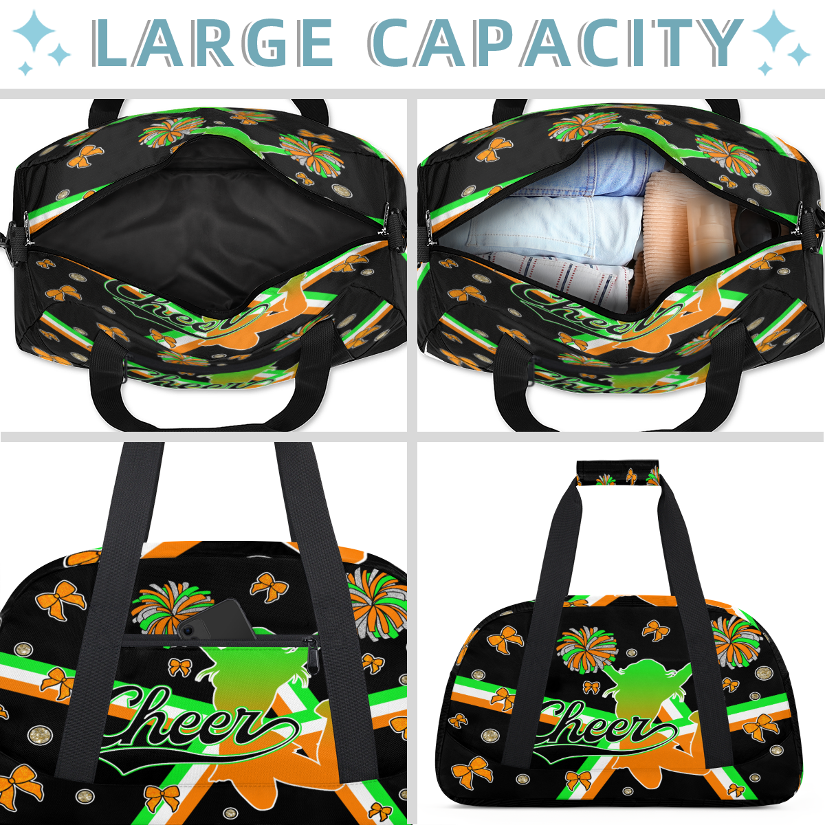 Herdesigns Cheerleader Bags Overnight Duffel Bags Cheer Green Orange Sport Gym Bag Travel Bag Travel Waterproof Weekender Bag Carry On Travel Tote Bag Dance Bags