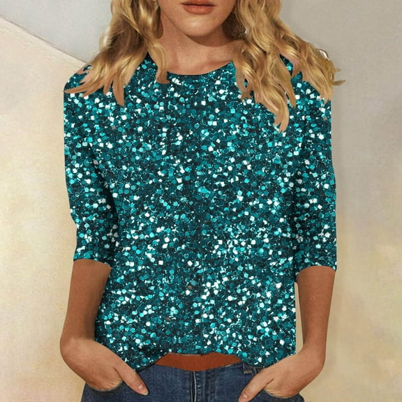 Cavosen 3/4 Length Sleeve Womens Tops Dressy Glitter Sparkly Print Pullover Shirts Round Neck Shiny Blouse Solid Color Party Tshirts Stylish Casual Elegant Evening Tees 2XL