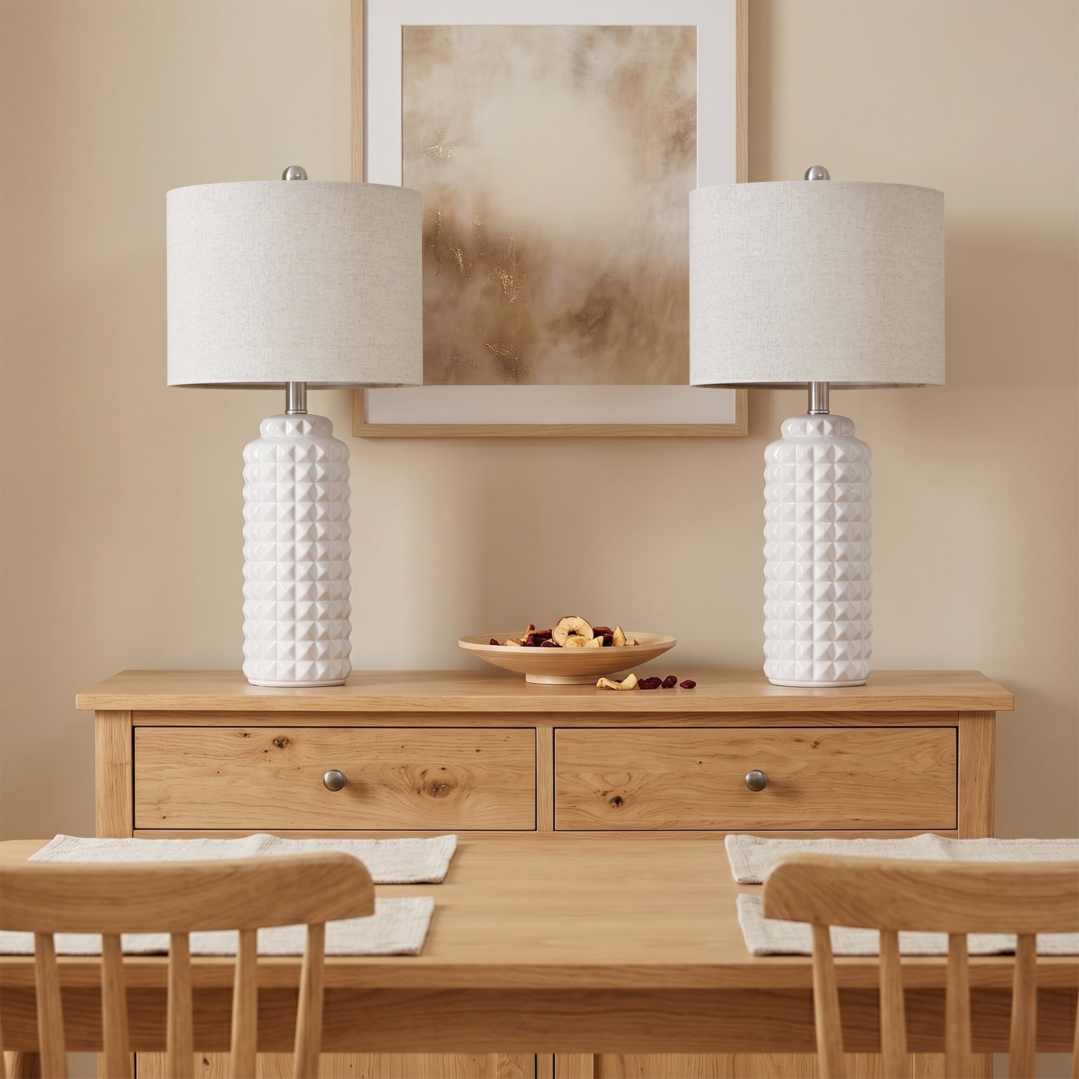 Oneach Modern Ceramic Table Lamp Set of 2 for Living Room Bedroom 24.5" Contemporary White Nightstands Bedside Lamps