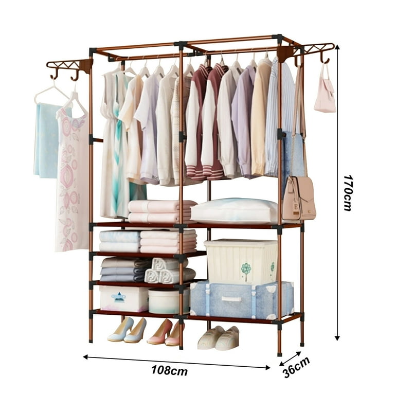SOONHUA Heavy Duty Garment Rack Free Standing Wardrobe Closet with 2  Hanging Rods 6 Shelves  - Walmart.com