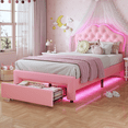 thumbnail image 2 of Twin Size Upholstered Platform Bed with Storage Drawer & LED Lights, Velvet Crystal Button Princess Bed Girl Bed Adjustable Headboard, Wood Slats Support, No Box Spring Needed, Pink, 2 of 9