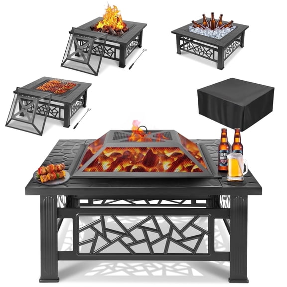 32" Fire Pits for Outside, Updated Segmart Outdoor Firepit with Fireplace Screen, Lid Square Wood Burning Fireplace Heater/Ice Pit for Camping, Outdoor Heating, Bonfire and Picnic, Black
