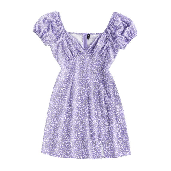 ZAFUL Women Leisure Tiny Floral Puff Sleeve Slit Mini Dress Light Purple L