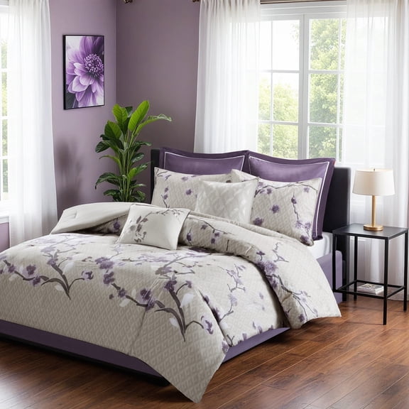Madison Park Cozy Comforter Nature Scenery Design - All Season Bedding, Matching Bed Skirt, Decorative Pillows, Holly, Floral Purple/Taupe Queen, 8 Piece
