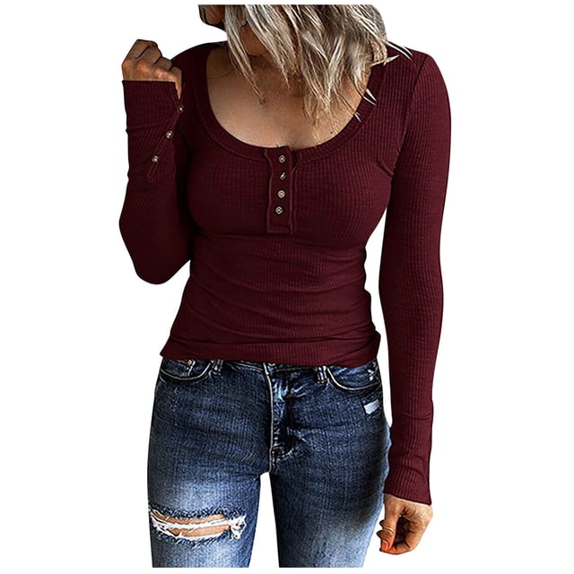 AherBiu Womens Long Sleeve Tops Ribbed Stretchy Slim Scoop Neck Basic Layer Top T Shirts Tunic Blouse