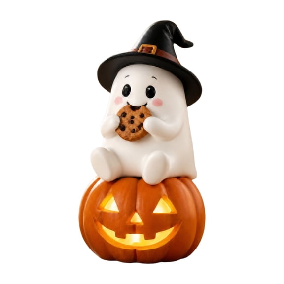Halloween Resin Ghost Figurine, Cute Ghost with Witch Hat Eating Cookie Sitting on Light Up Pumpkin, LED Lighted Tabletop Statue for Mantel Shelf Home Halloween Party Decor