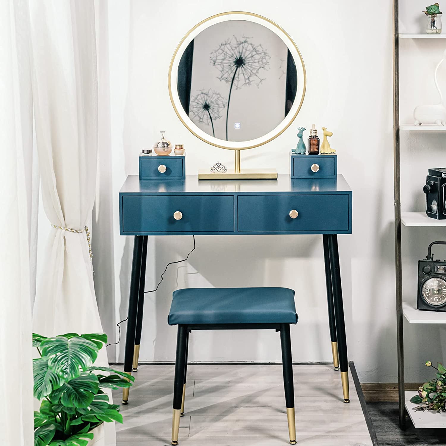 Puluomis Blue Dressing Table Modern Style With 3 Modes Adjustable Lighted Mirror And Pu Cushion Stool For Bedroom Com Puluomis Blue Dressing Table Modern, Light Blue Vanity Table