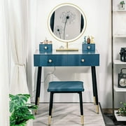 PULUOMIS Blue Dressing Table  Modern Style with 3 Modes Adjustable Lighted Mirror and PU Cushion Stool for Bedroom