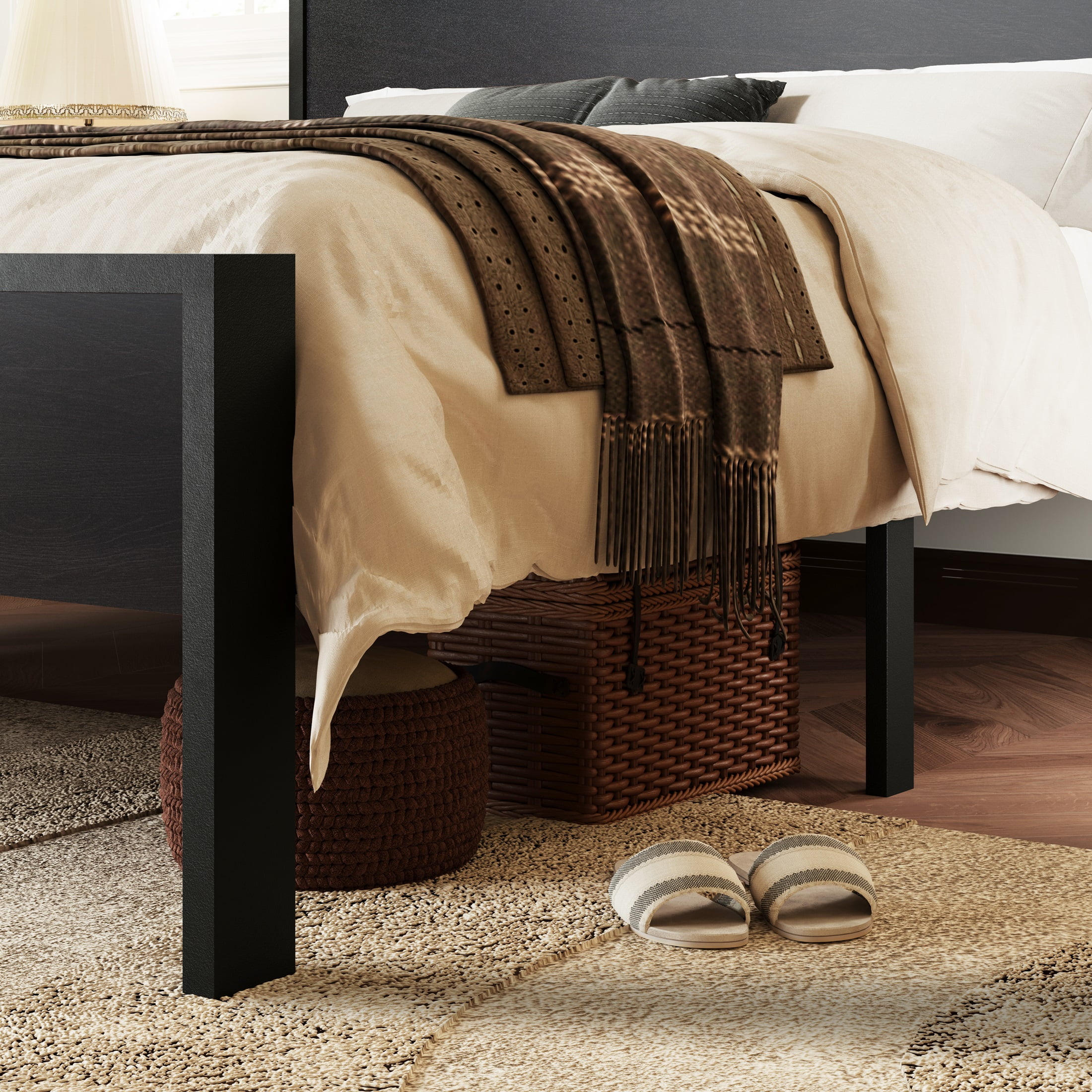 Allewie Queen Size Bed Frame, Heavy Duty Metal Platform Bed with Wooden Headboard & Footboard, No Box Spring Needed, Black Oak