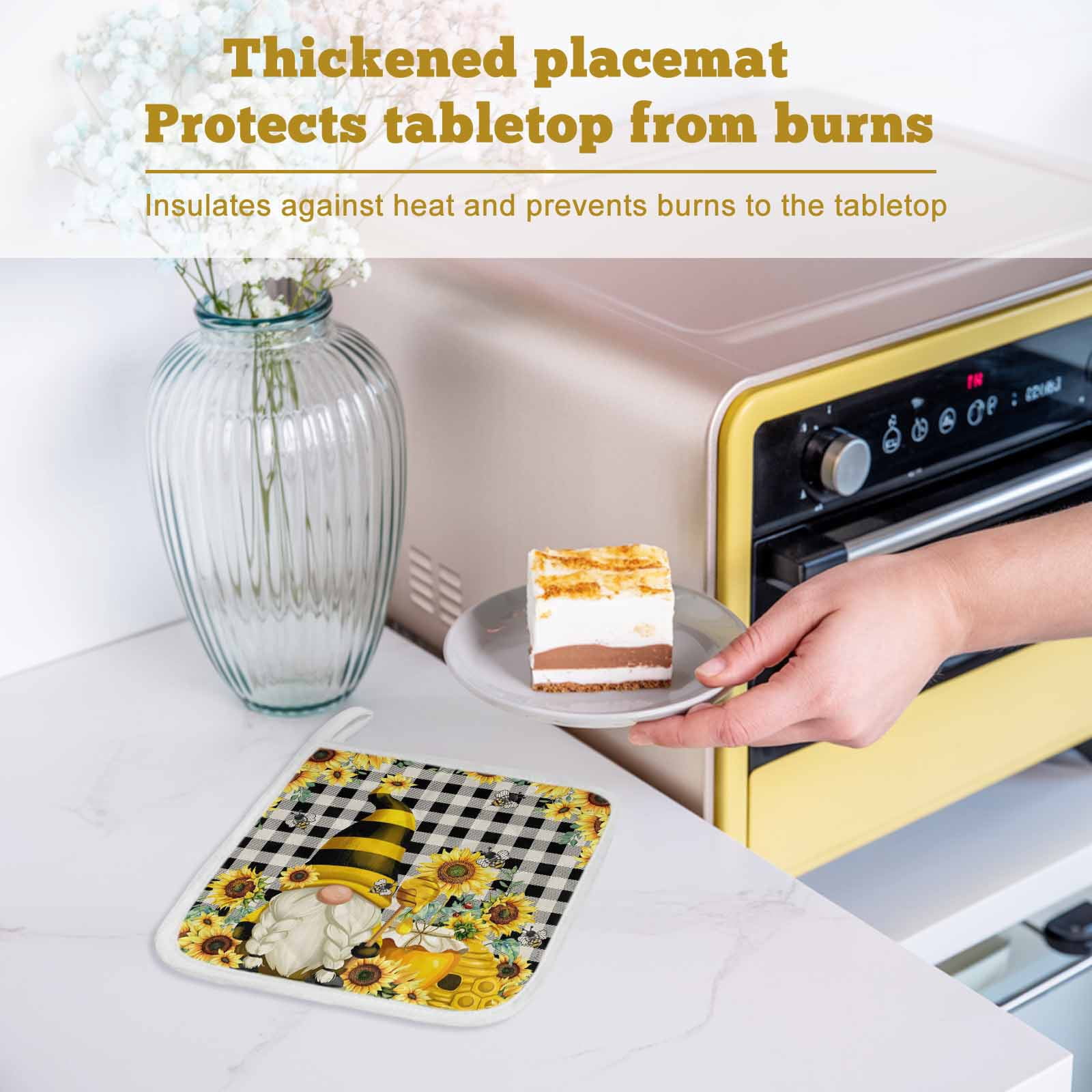 Yellow Sunflower Pot Holders for Kitchen Heatproof Potholder, 3 Pack Spring Summer Bee Gnomes Black Plaid Hot Pads Multipurpose Oven Pads Cloth Potholders Trivet for Cooking Baking