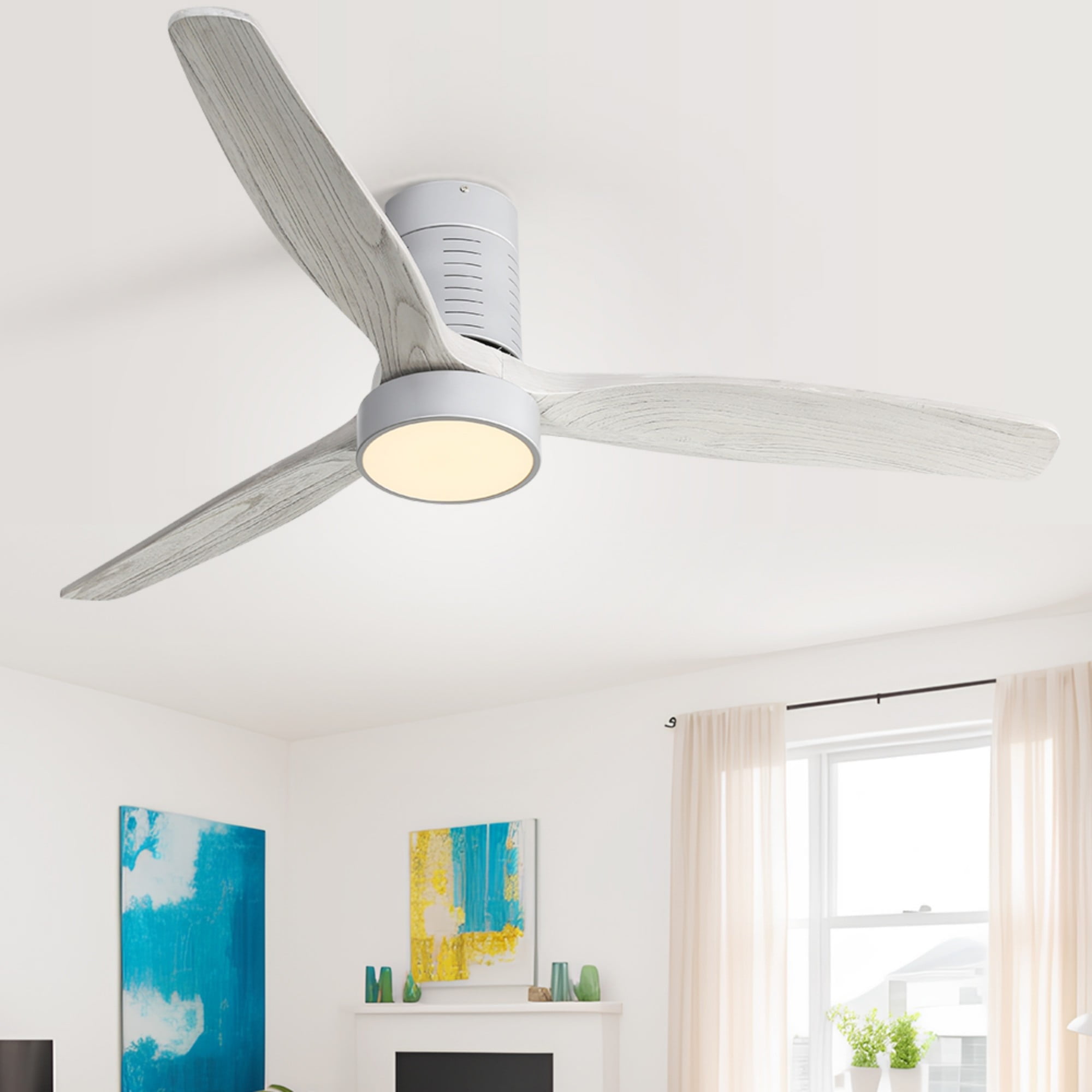 Sofucor 52" Flush Mount Ceiling Fan with Dimmable Light and Remote Control, 3 Blades W/ Reverse Airflow, Grey