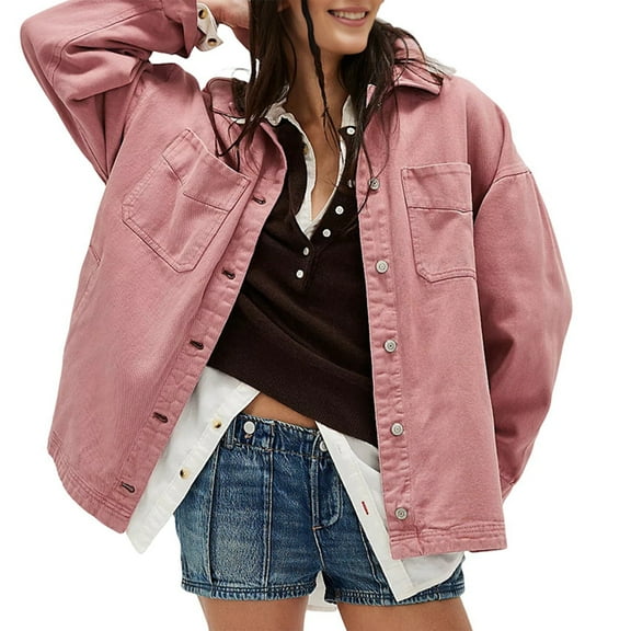 Women'S City Denim Jacket-Long Sleeve Oversized Boyfriend Style Jean Jacket with Button Up Front Pink L