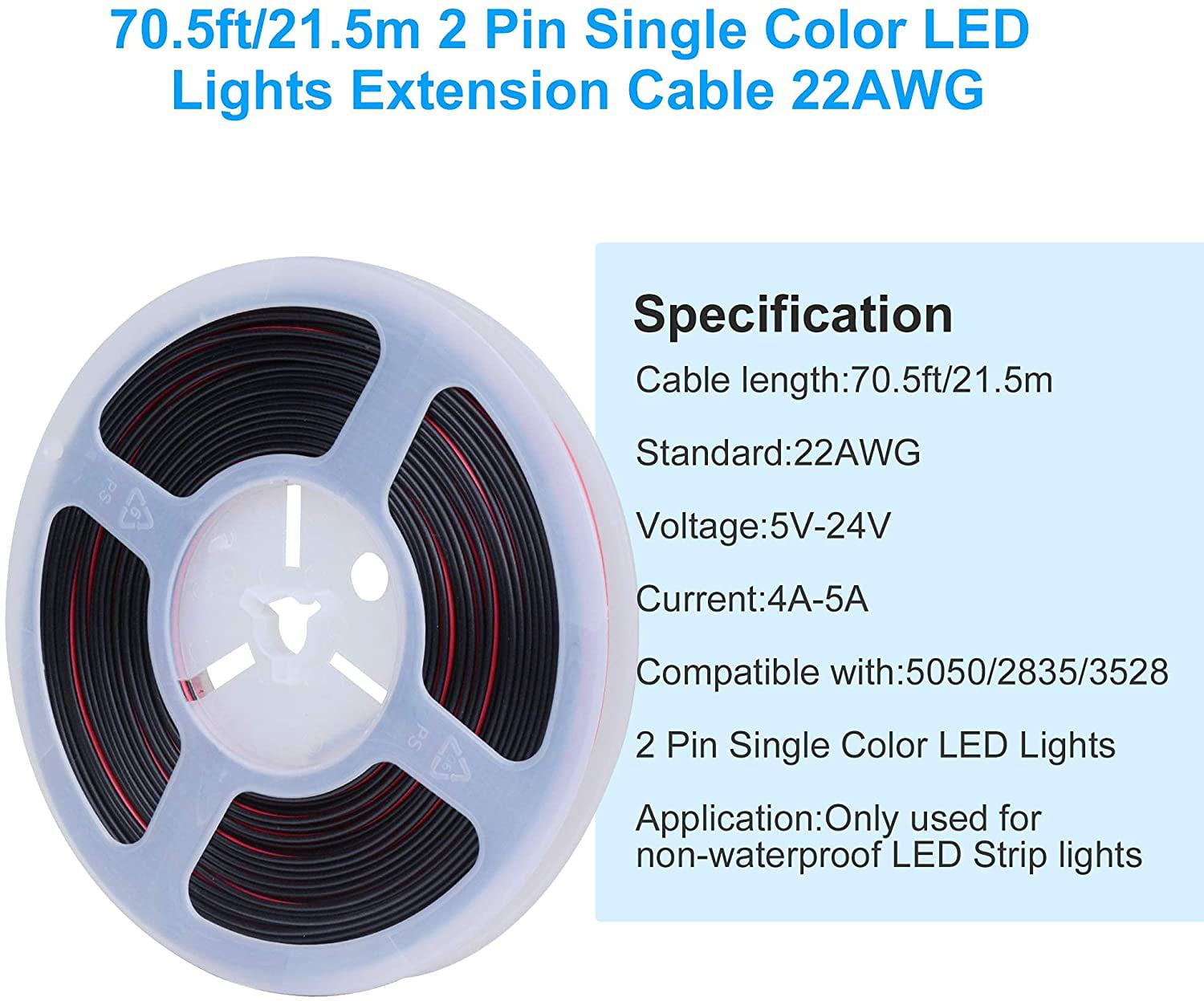 Arrozon 70.5FT 2Pin Extension Cable 21.5M LED Wire 22AWG with 4PCS 2Pin 8mm LED Strip Connector Cable for Single Color LED Strip Lights 