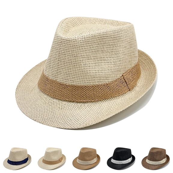 Paiwinds Men's Woven Straw Fedora Sun Hat Breathable Lightweight Panama Hat for Beach Travel Outdoor Summer Vacation