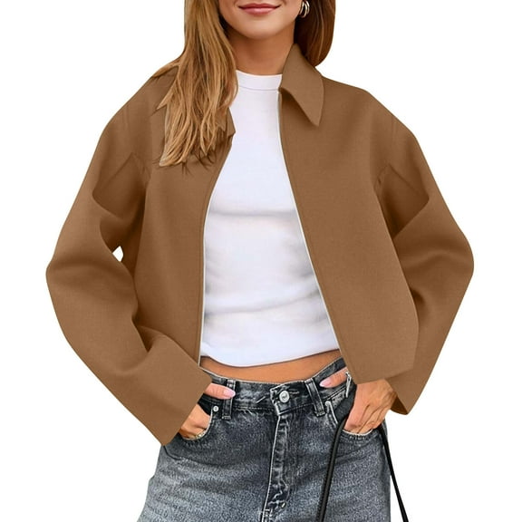 SYMOID Womens Brown Cropped Jacket - Nylon Spandex, Relaxed Fit with Collared Open Front & Dropped Shoulders, Lightweight Breathable for Spring/Fall, S-XXL,Size XL