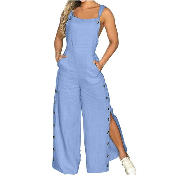 FRSASU Women's Summer Jumpsuits Boho Wide Leg Overalls Solid Color Casual Loose Rompers with Pockets Light Blue