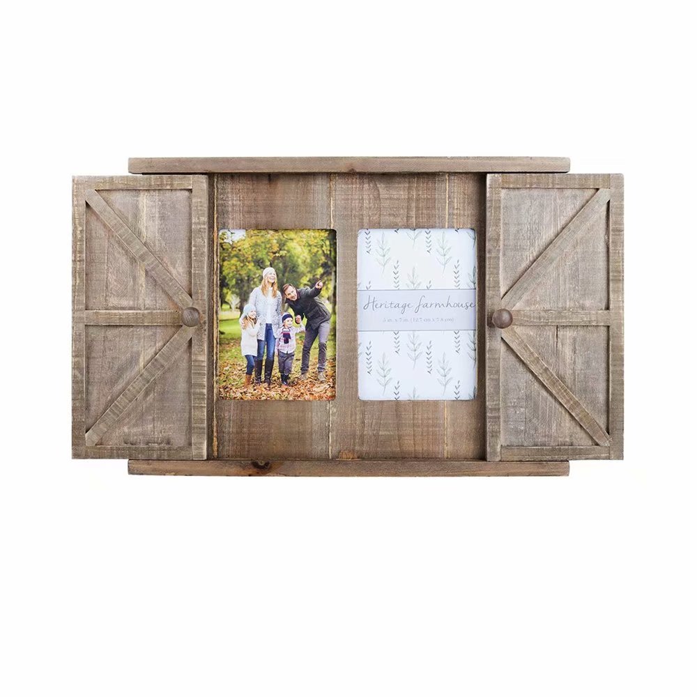 Wood Barn Door Picture Frame, 2 Openings 5x7 Wood Rustic Wall Photo