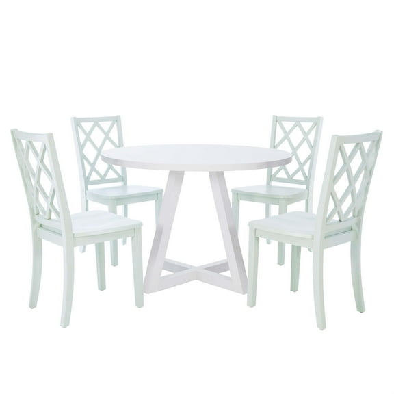 Linon Nico 5 Pce Dining Set White Round Table/4 Mint Green Chairs in Solid Wood