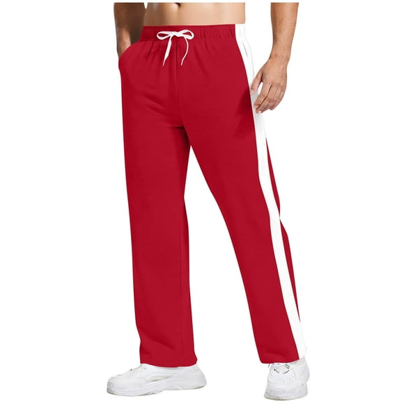 Men's Fleece Lined Striped Sweatpants - Open Bottom Athletic Gym Lounge Pants,Red,Medium