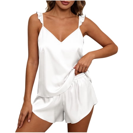 Hxshgdsn Womens Satin 2 Piece Pajamas Sets Ruffle Strap V Neck Sleepwear Loungewear PJ Sets for Women(White/L)
