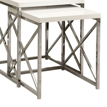 3 Piece Chrome End Table - Monarch Nesting Table 2Pcs Set / Glossy White / Chrome Metal