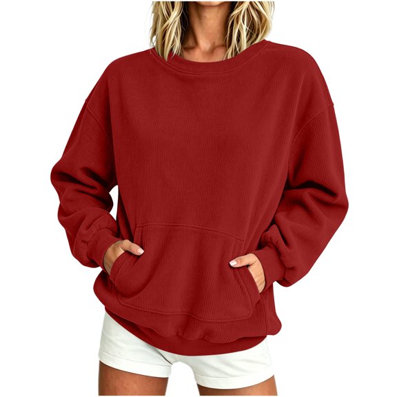 FAVIPT Corduroy Sweatshirts for Women Ribbed Long Sleeve Crewneck Tops with Kangaroo Pocket Casual Fall Winter Pullover No Hood Red,L