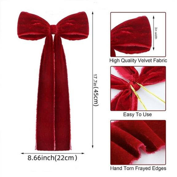 Velvet Bows for Christmas Tree 8.66 × 17.7inch Fabric Christmas Wreath Bowknot with Long Tail Rustic Staircase Bows DIY Crafts for Holiday Home Party Decorations