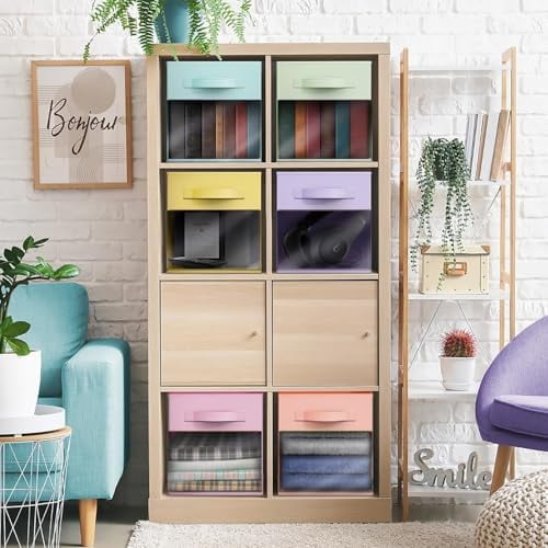 13 Inch Storage Bins with Clear Window - 6 Foldable Baskets for Organizing Clothes, Toys, Books - Sturdy Collapsible Fabric Storage Cubes with Handle - Storage Baskets for Shelves, Closets