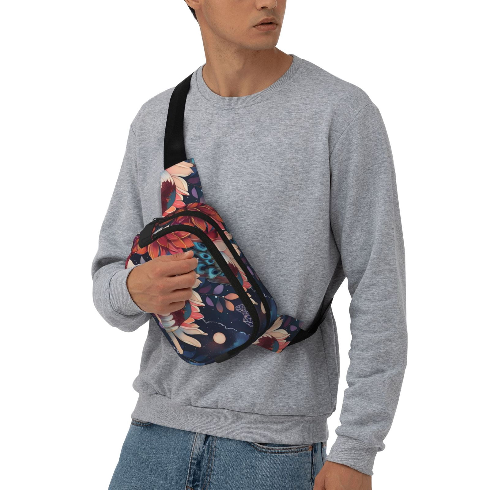 Picia Colorful Flower Peacock Print Square Double-Layer Waist Bag Mini Adjustable Waist Belt Bag Exercise Running Travel Hiking