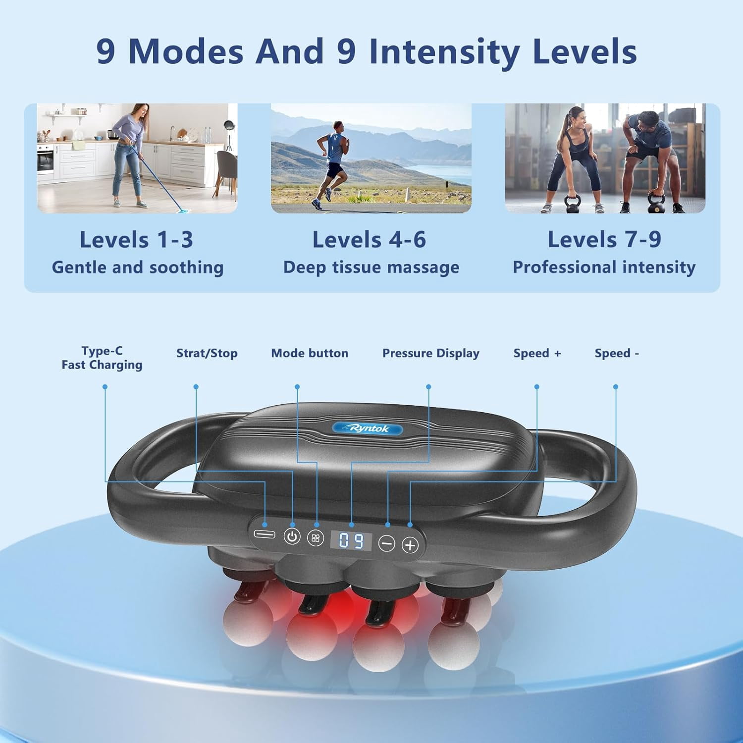 Deep Tissue Massage Gun with 9 Modes, 10 Interchangeable Heads, Portable and Wireless, Black Color