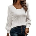 thumbnail image 3 of Aboser Ribbed Knit Sweaters for Women Dressy Casual Scoop Neck Pullover Shirts Lantern Long Sleeve Sweater Lightweight Cozy Knitwear Warm Clothes White M, 3 of 7