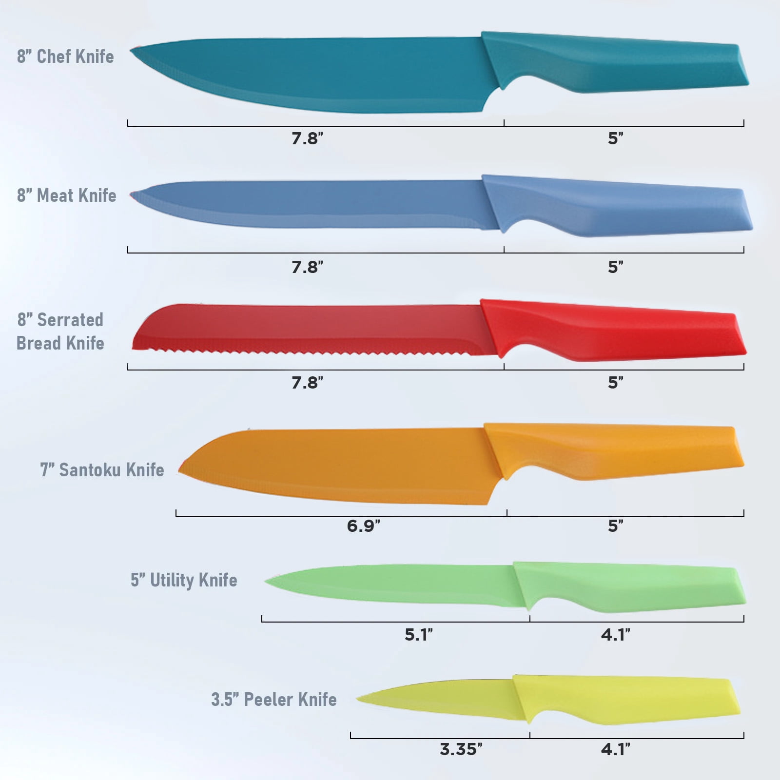 13 Pcs Kitchen Knife Set, Stainless Steel Chef Knives with Sharpener & Blade Guards, Non-Stick Coating, Dishwasher Safe, Multicolor