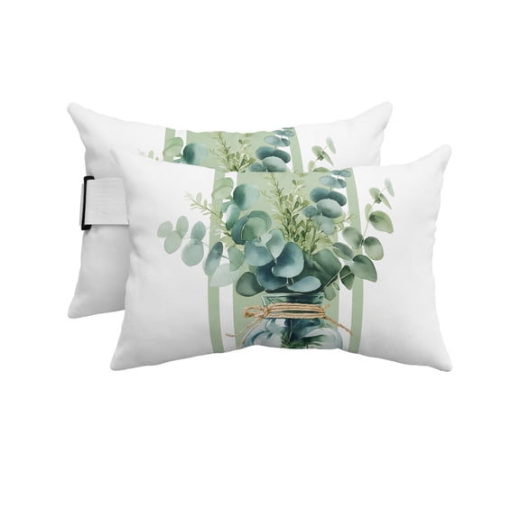 Pack of 2 Outdoor Lumbar Pillow Covers 12x20 Inch, Sage Green Eucalyptus Leaves Waterproof Throw Pillow Covers Set, Farmhouse Stripe Botanical Decorative Cushion Cases for Patio Porch Car