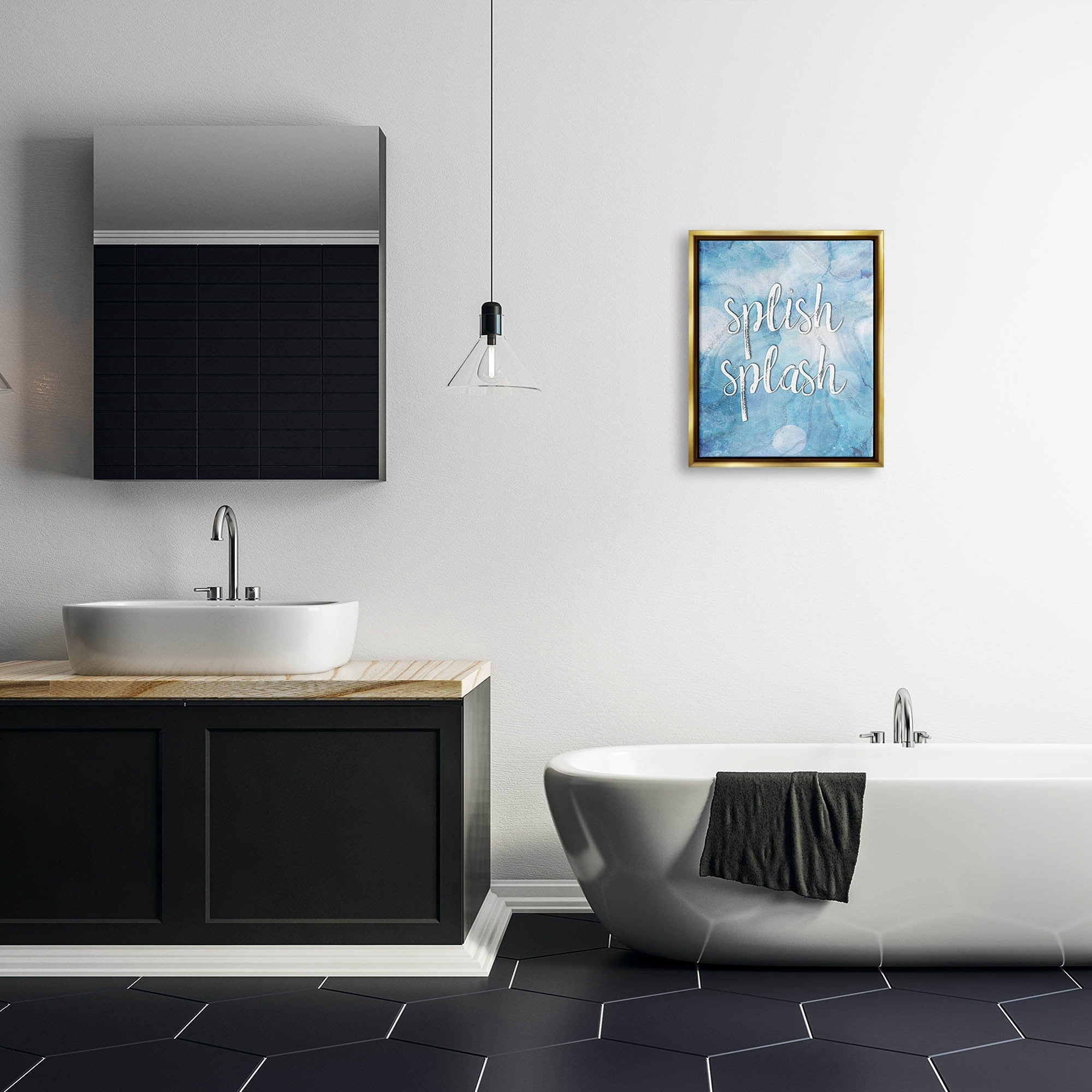 Stupell Industries Splish Splash Blue Bathroom Water Typography Painting Gold Floater Framed Art Print Wall Art